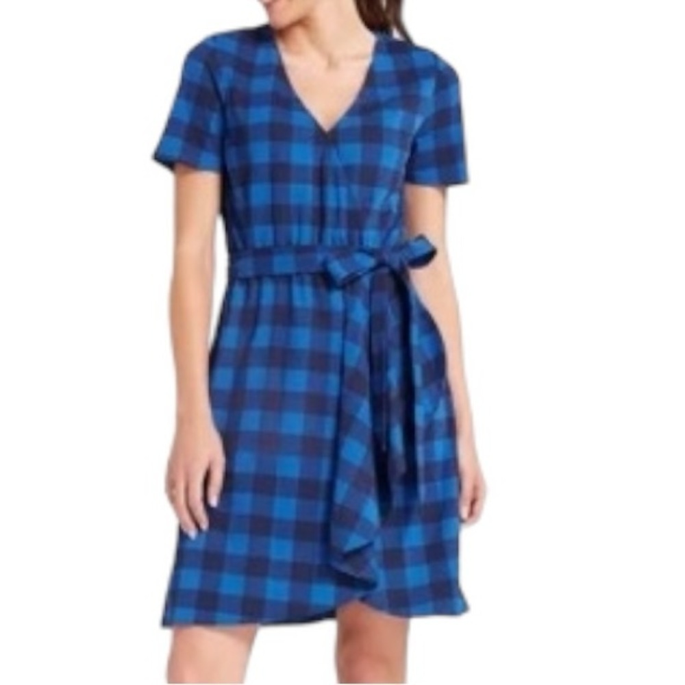 Draper James Buffalo Check Plaid Tie Waist Faux Wrap Dress -Blue & Black -Medium
